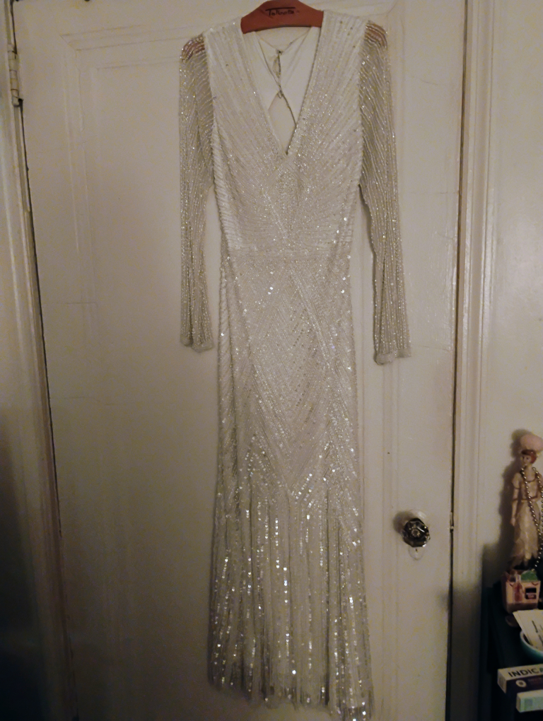 Talbot's White Beaded Long Sleeve Dress