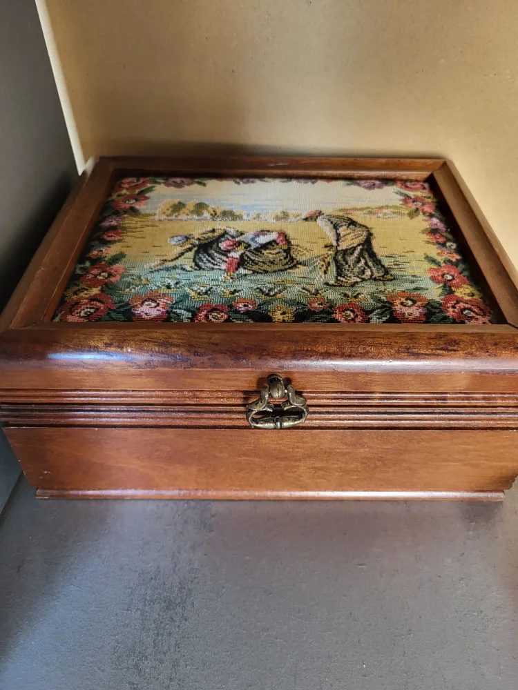 Vintage Wooden Jewelry Box with Tapestry thumbnail