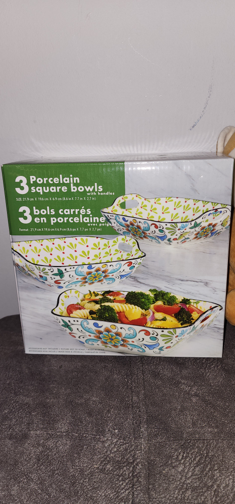 3 Porcelain Square Bowls with Handles - NEW