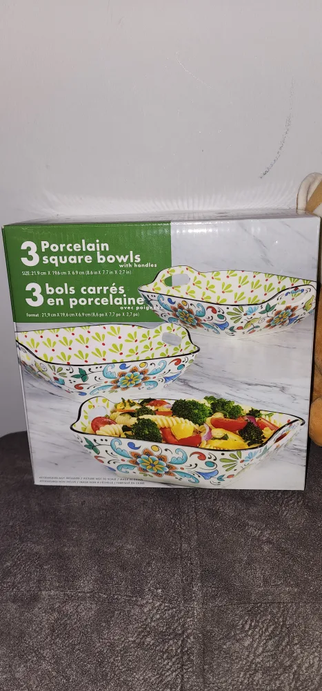 3 Porcelain Square Bowls with Handles - NEW thumbnail