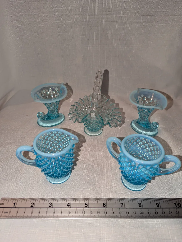 Vintage Fenton Blue Opalescent Hobnail Glass pieces thumbnail