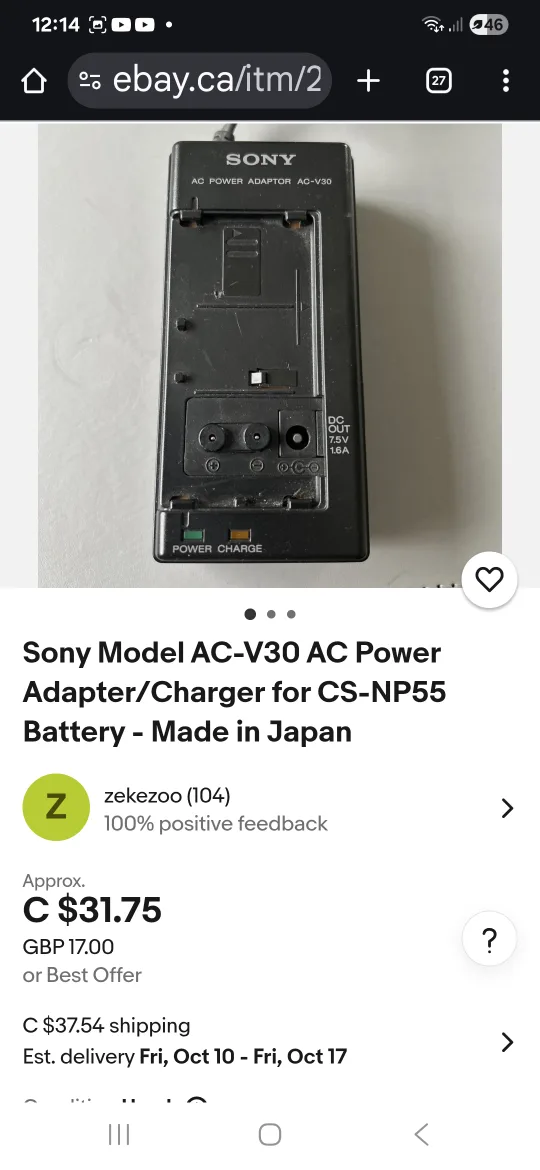 Sony Camcorder AC-V30 AC Power Adaptor/Battery Charger image indicator(5)