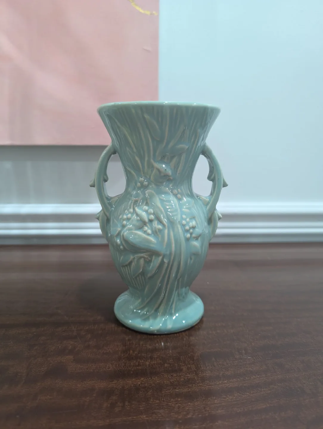 Vintage McCoy Pottery Vase, Teal Blue with Birds thumbnail