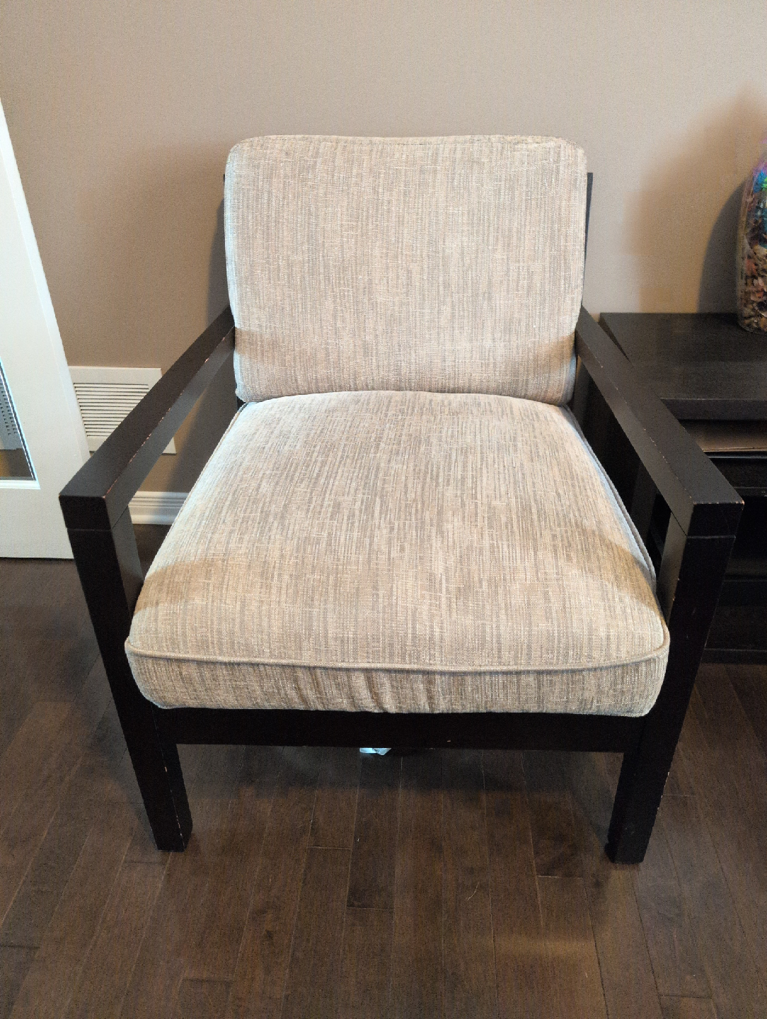 Armchair Pair - Neutral Fabric, Dark Wood Frame