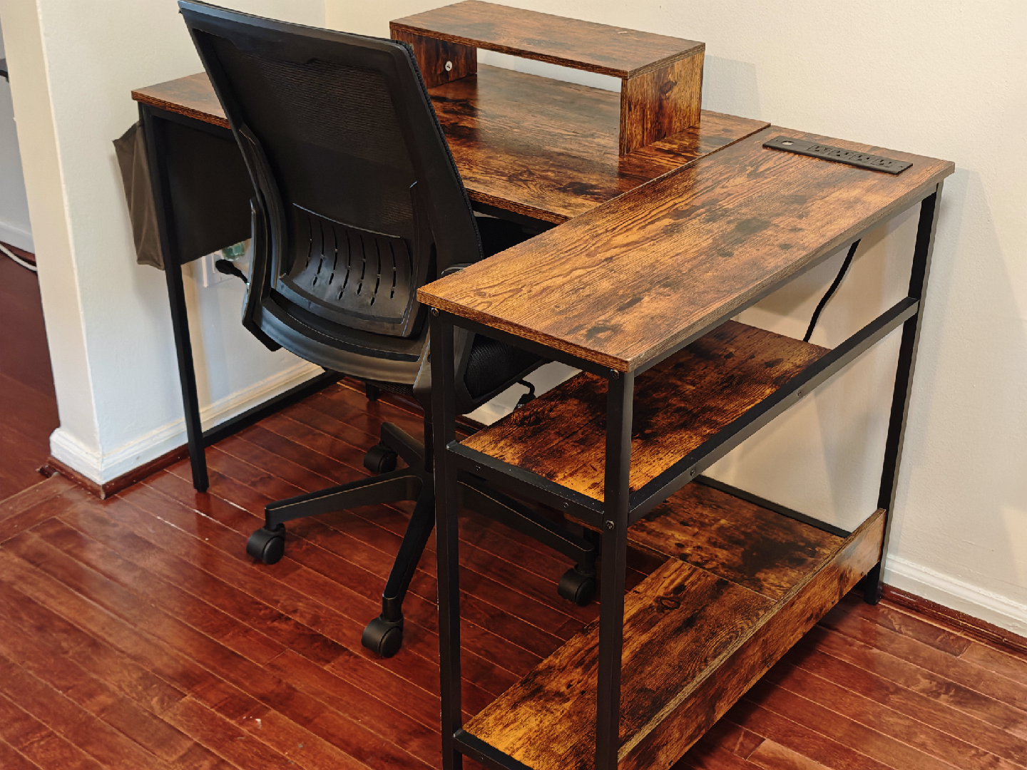 L-Shaped Brown Wood Desk with Black Chair - photo 2