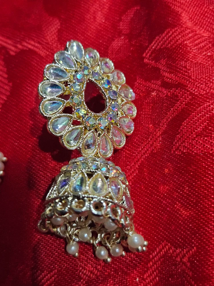 Jhumka Earrings with Rhinestones and Pearls thumbnail