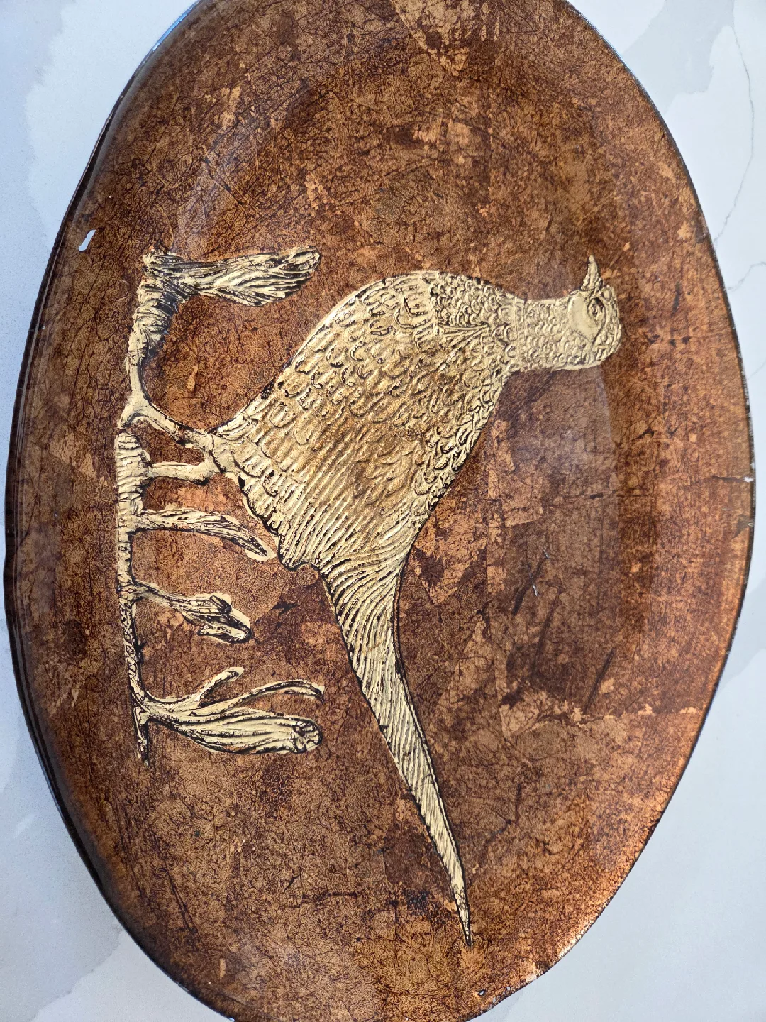Vintage Glass Bronze & Cooper Pheasant Platter thumbnail