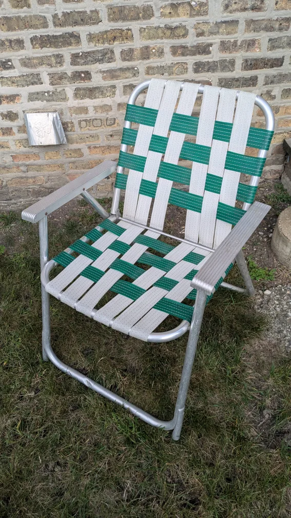 2 Vintage Green & White Webbed aluminum portable lawn chairs image indicator(2)