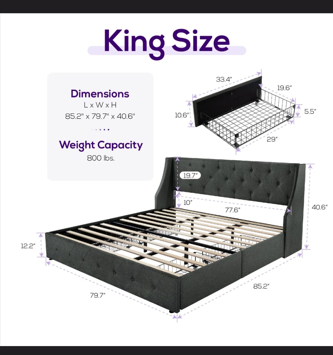King Size Upholstered Platform Bed Frame - photo 2