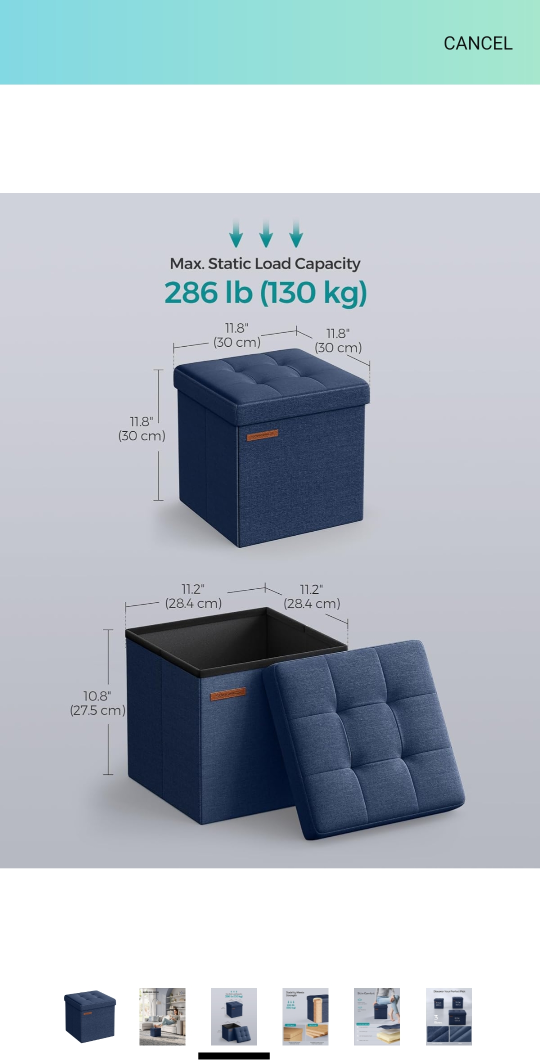 SONGMICS Blue Folding Storage Ottoman - 11.8" Square - photo 3