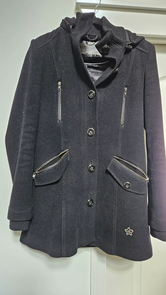 Sakura Black Wool blend Coat with Hood thumbnail