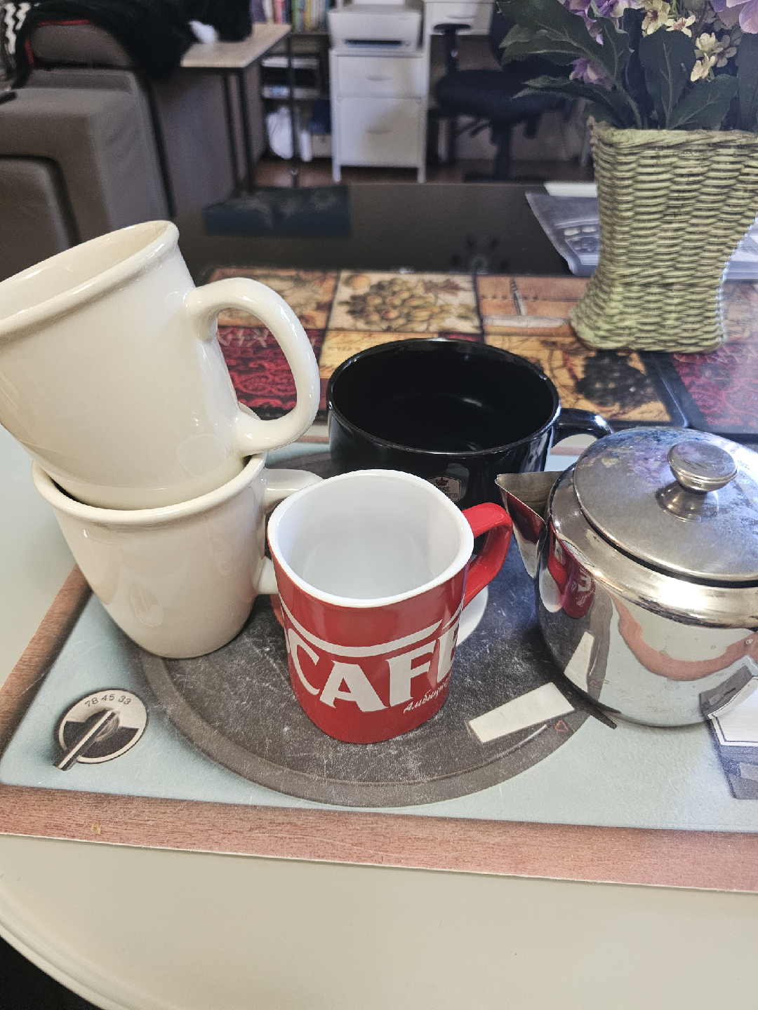 Mixed Coffee Mugs  and smal stainlessl teapot