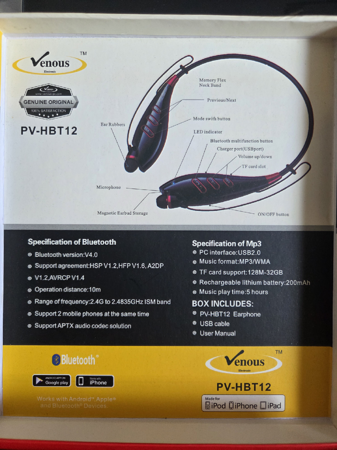 Venous PV-HBT12 Bluetooth Stereo MP3 Headphone (LIKE NEW) - photo 2