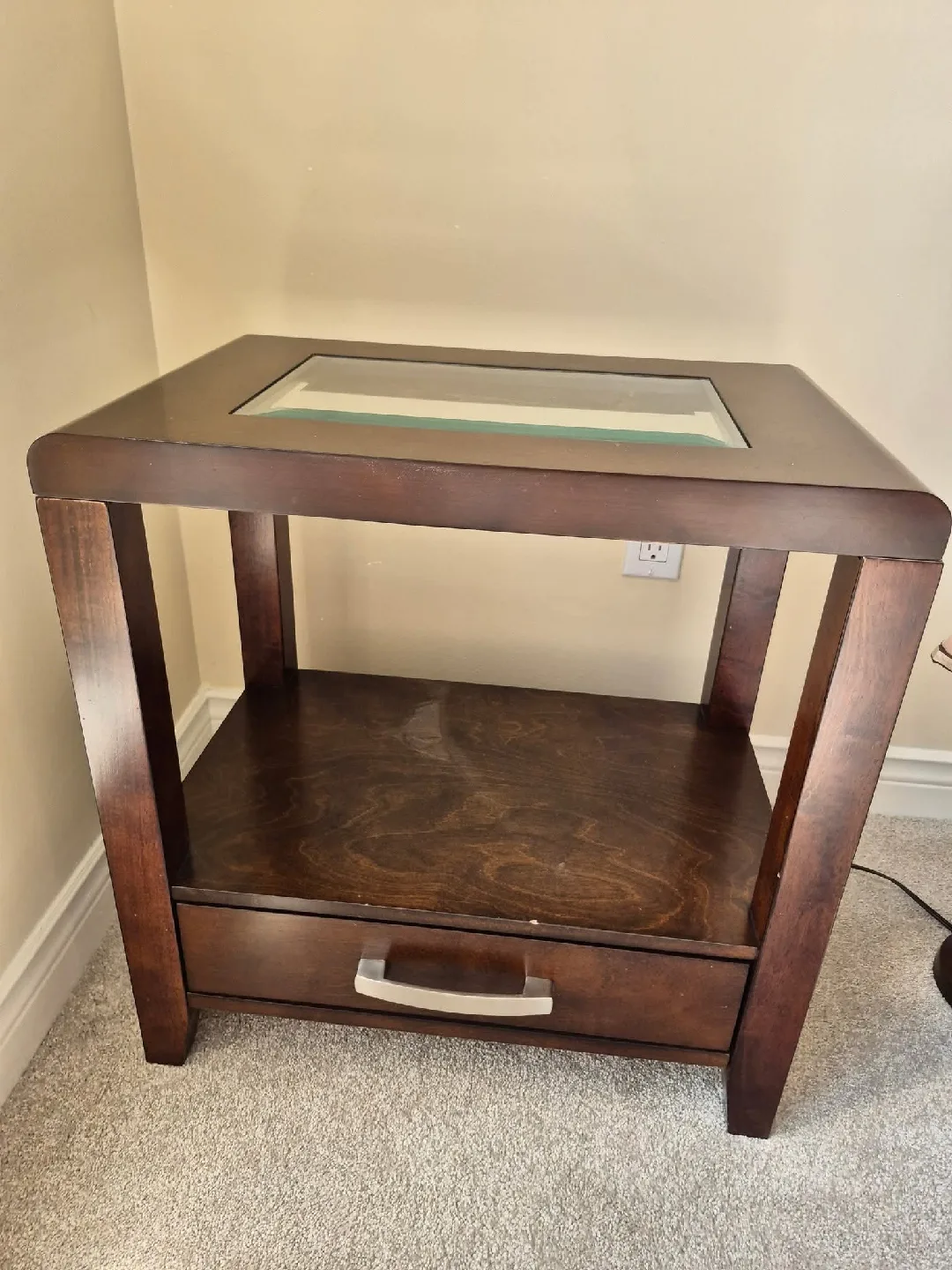 Brown Wood End Table with Glass Top thumbnail