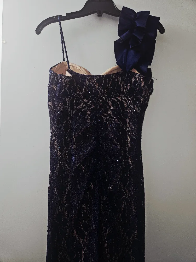 Long Navy Blue Lace Holiday/Wedding Guest Dress with Bow image indicator(4)