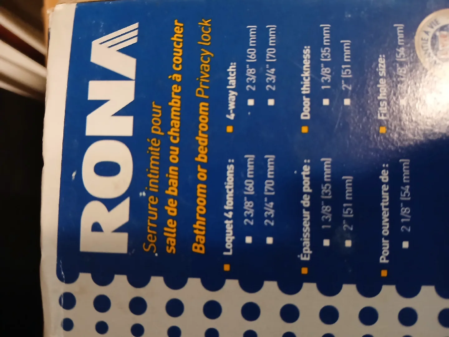 Rona Bathroom/Bedroom Privacy Lock - New in Box image indicator(2)