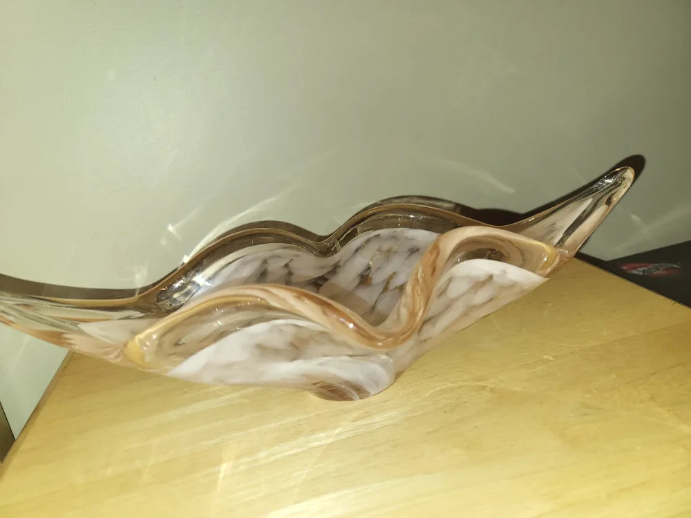 Vintage decorative Art Glass Bowl - Peach & White Swirl thumbnail