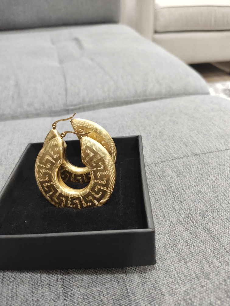 Gold Hoop Earrings with Greek Key Design