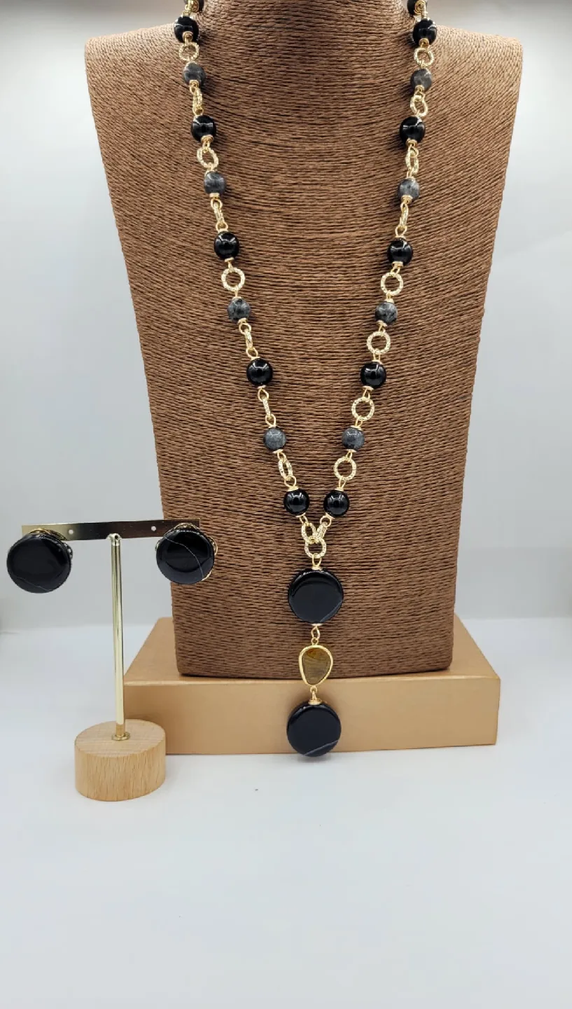 Black Stone & Gold Tone Necklace and Earrings Set thumbnail