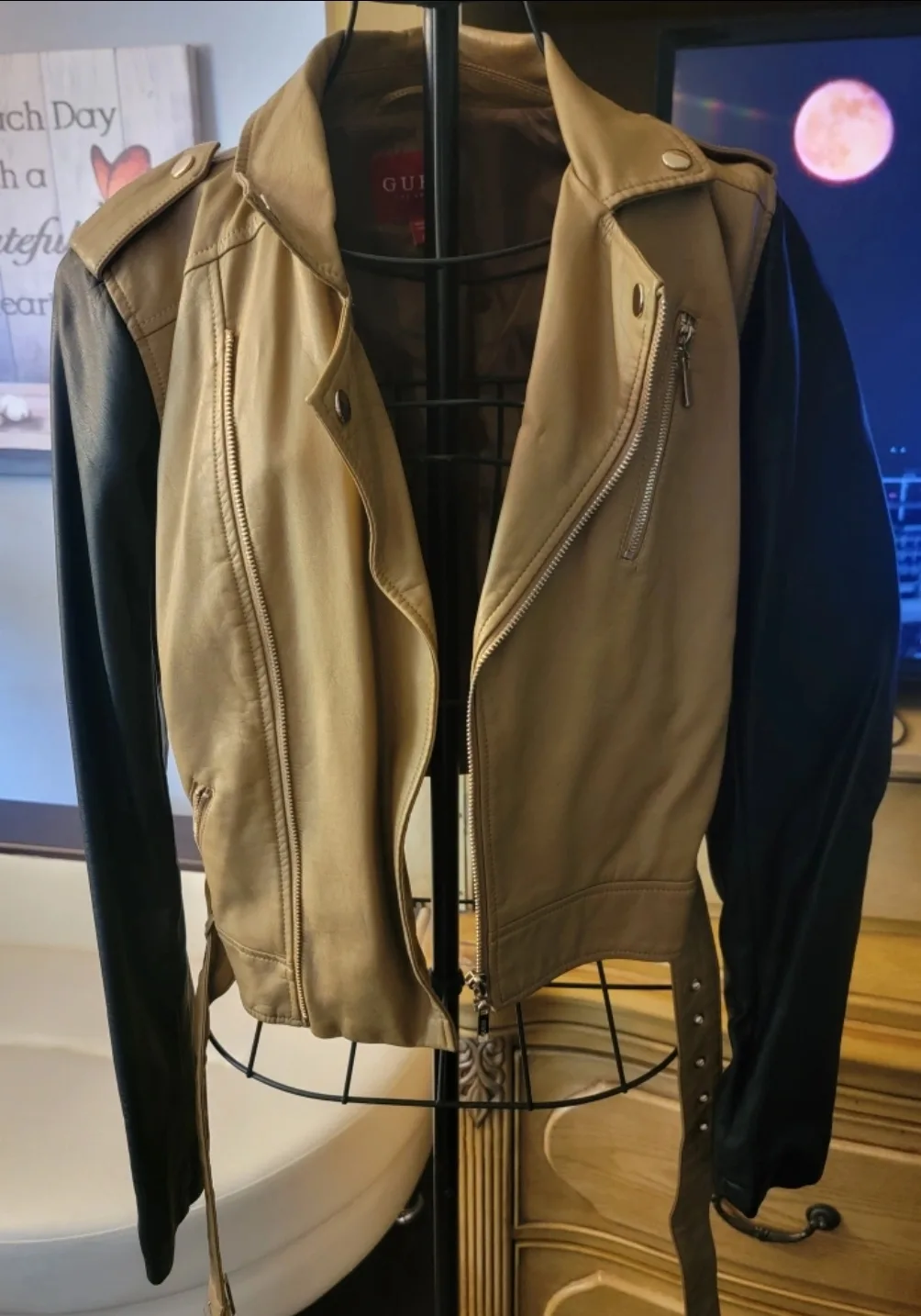 Guess Beige & Black Moto Jacket Size M thumbnail