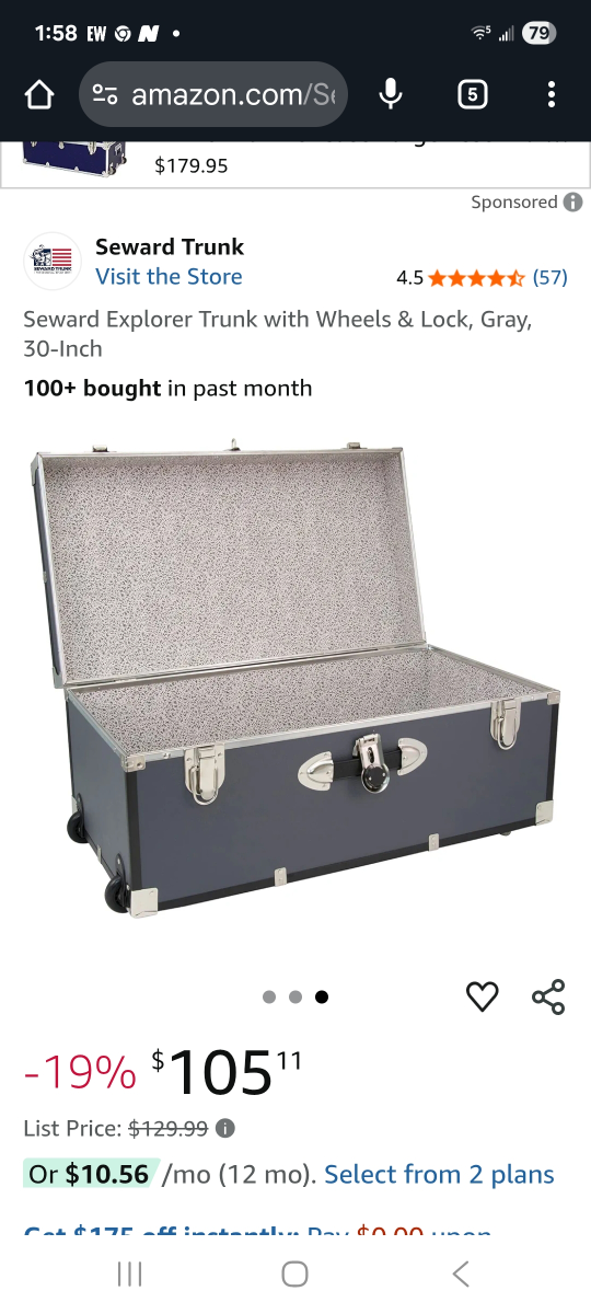 Seward Explorer Trunk with Wheels & Lock, Gray, 30-Inch