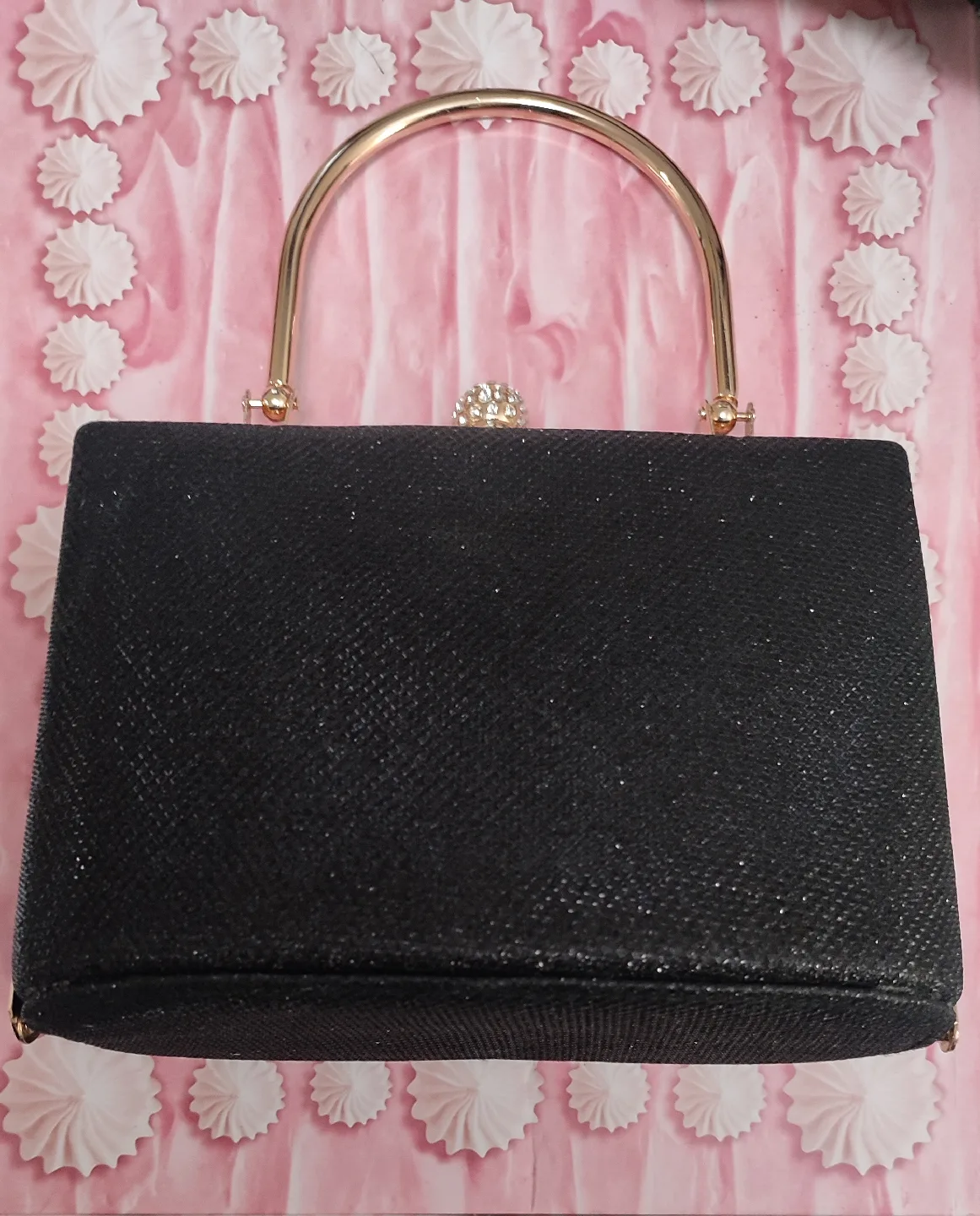 Vintage Black Evening Clutch with Gold Handle & Chain thumbnail