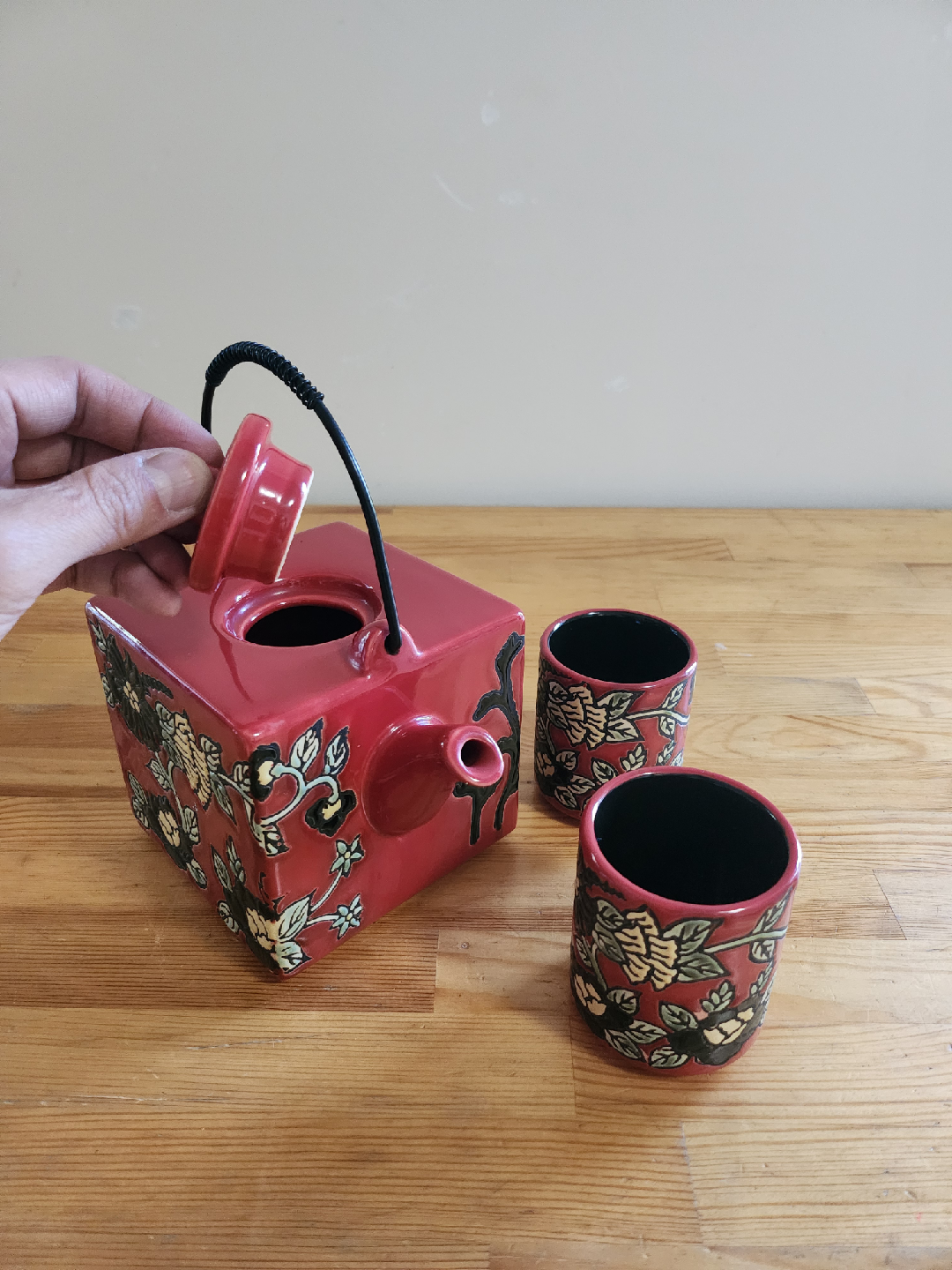 Red Floral Tea Set - Teapot and Two Cups