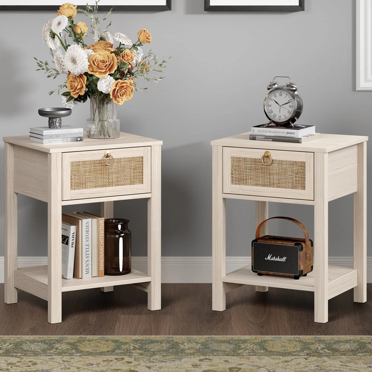 Set of 2 White Wood Nightstand with Rattan Drawer