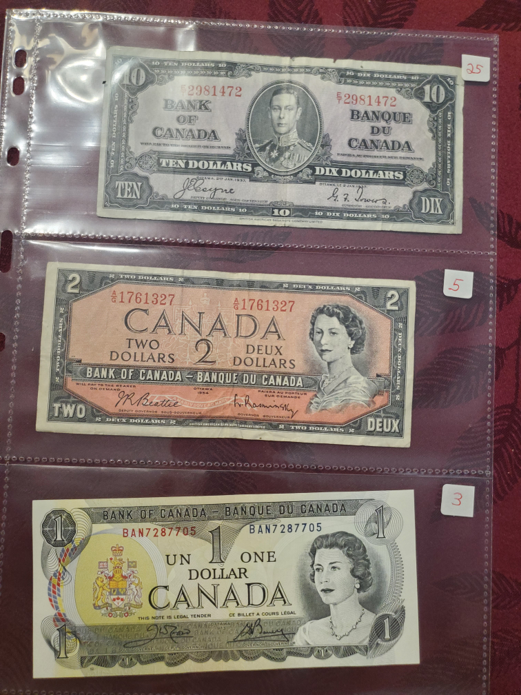 Vintage Bank of Canada $10, $2, $1 Bills