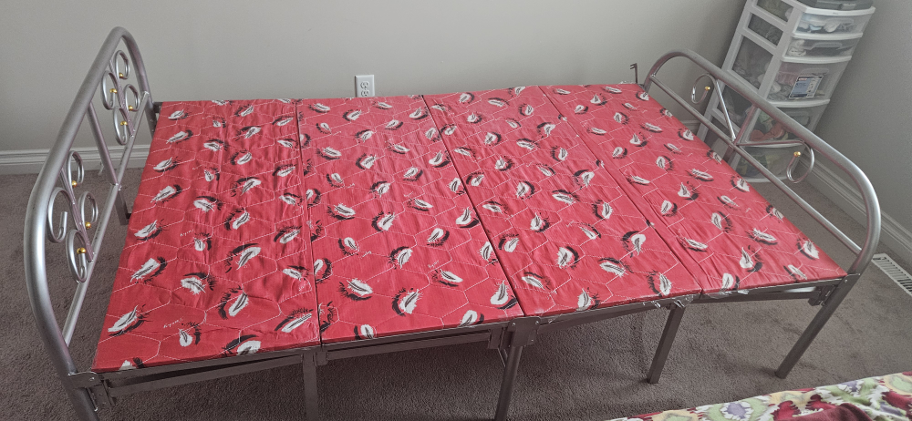 Folding Bed - Silver Frame, Red Mattress