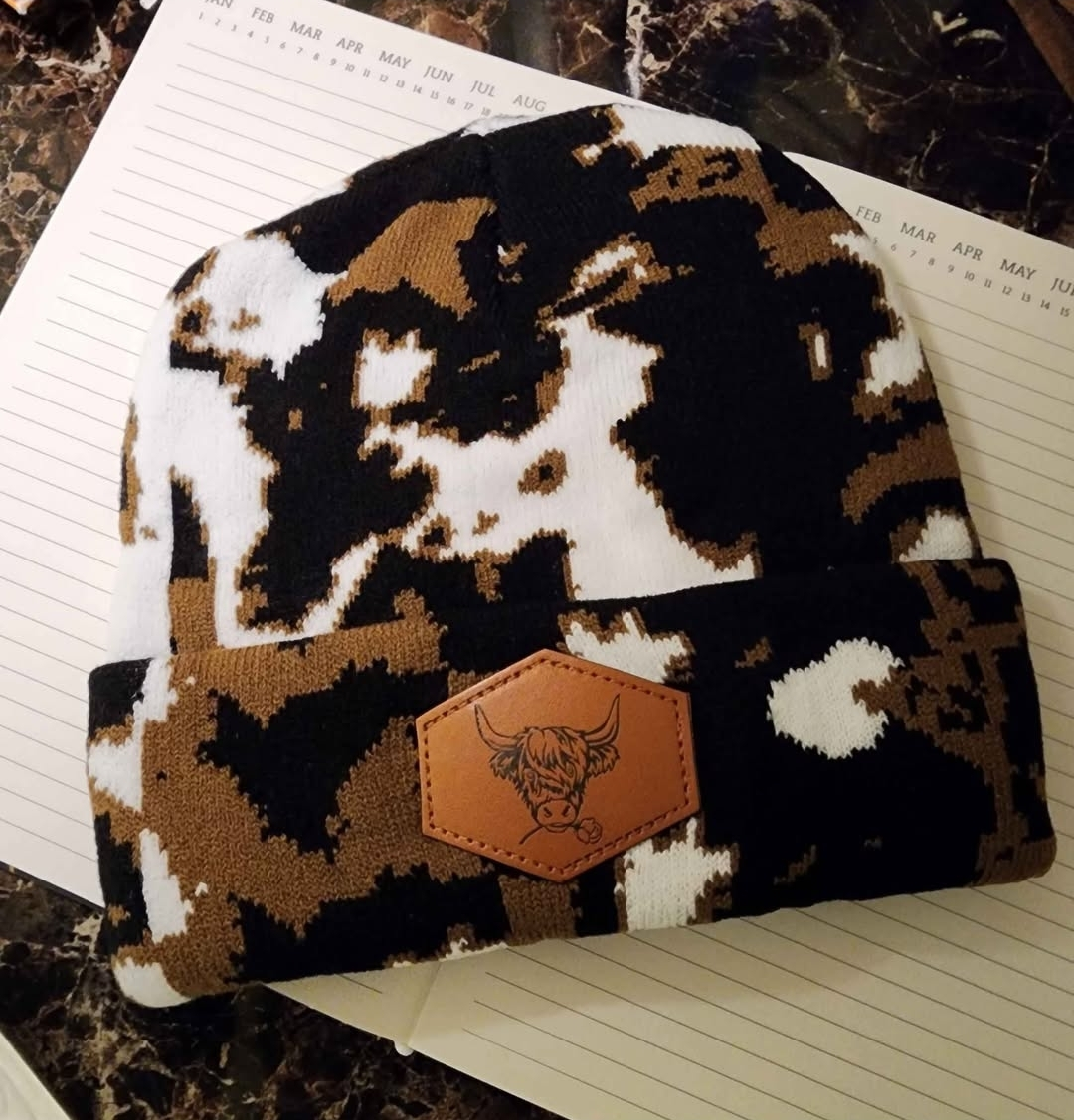 Cow Print Beanie with Highland Cow Patch