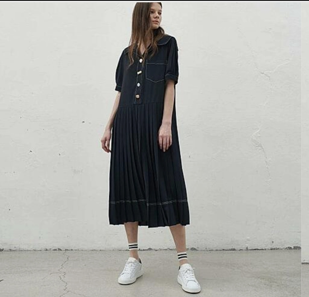 Navy Pleated Dress