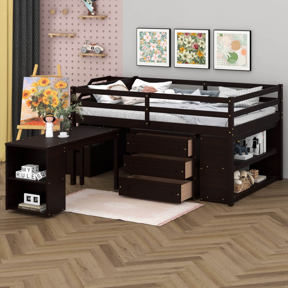 Full, Low Loft Bed with Storage Stair and Pullout Desk