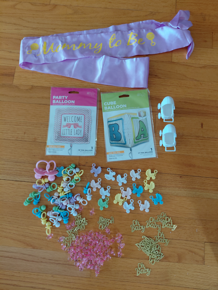 Baby Shower Balloons, Confetti, Mommy to be Sash, Mini Pacifiers