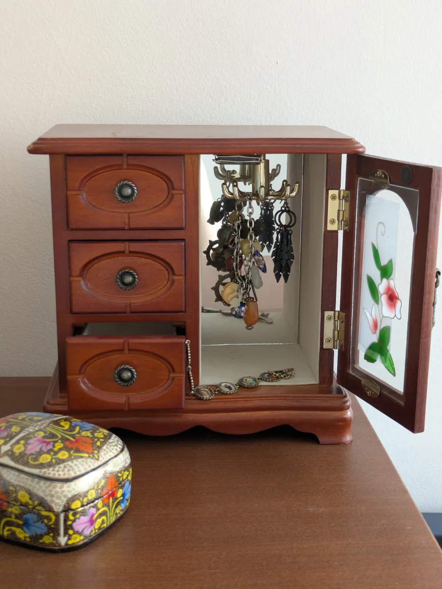 Wooden Jewelry Box with Drawers and Floral Glass Door✨ image indicator(2)