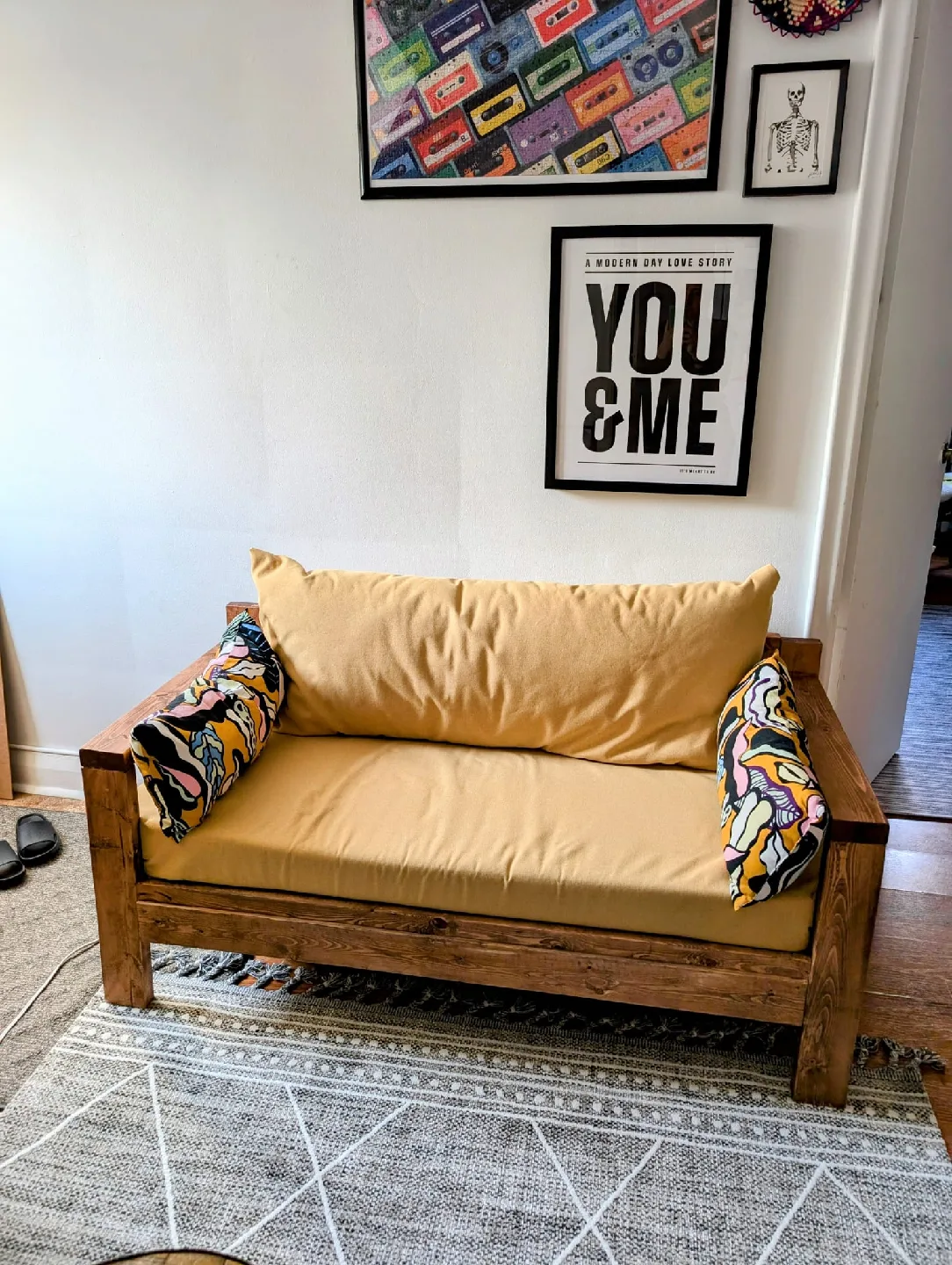 Wooden Frame Loveseat with Yellow Cushions