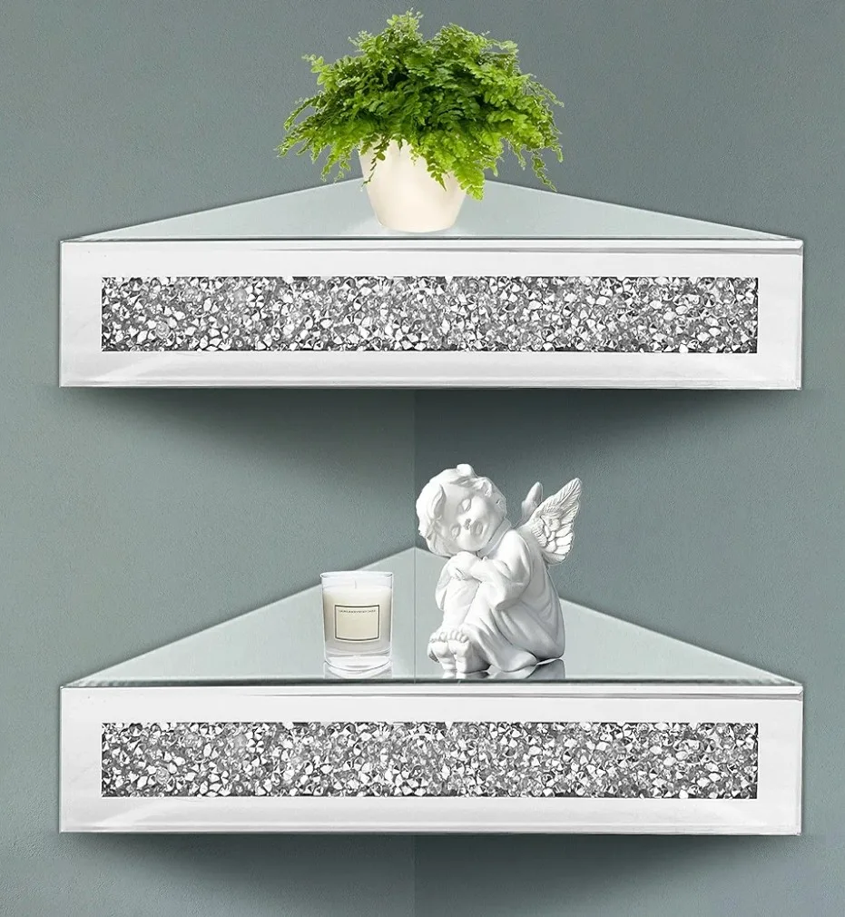Mirror and Crushed Diamond Corner Shelves