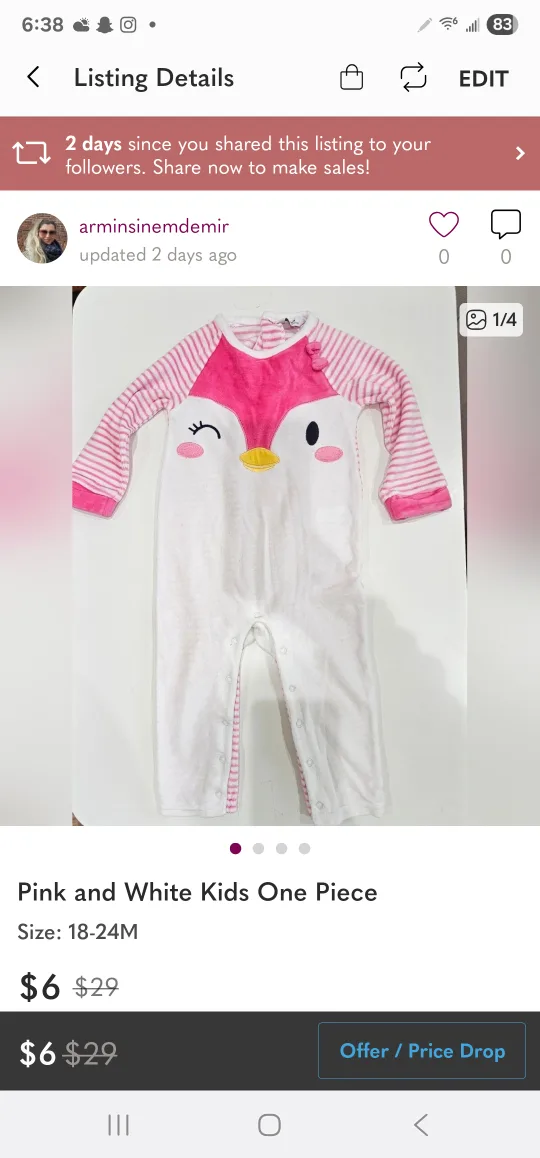 Pink and White Kids One Piece, Size 18-24M 🥕 thumbnail