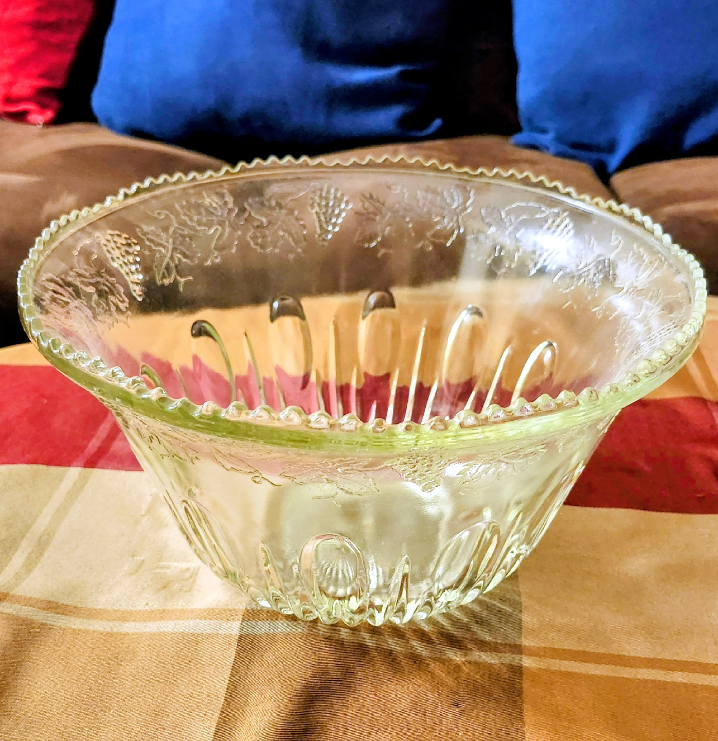 Vintage Clear Glass Punch Bowl with Grape Design
