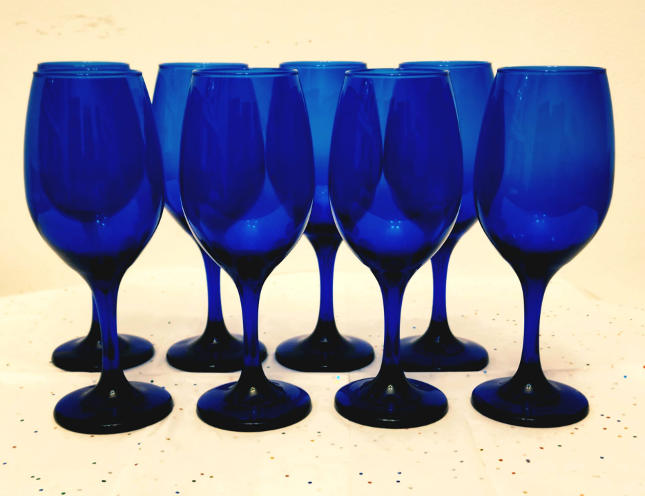 Set of 8 Vintage Cobalt Blue Wine Glasses