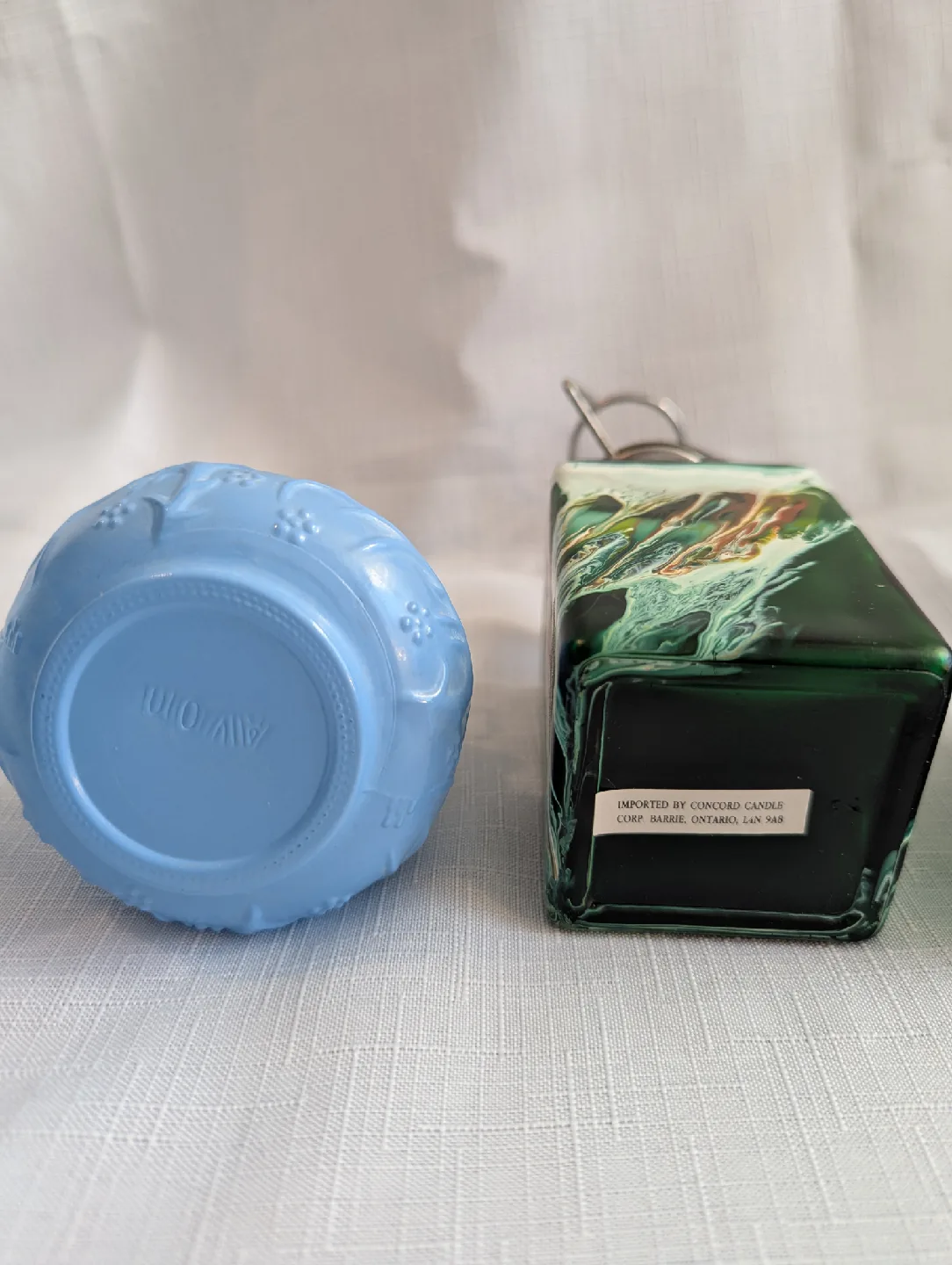 White and Blue Milk Glass Avon bottle in the shape of a lamp thumbnail