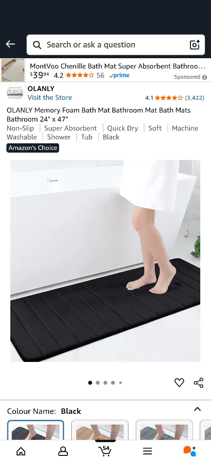 OLANLY Memory Foam Bath Mat - Black 24" x 47" thumbnail