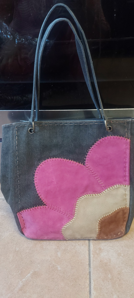 Denim Tote Bag with Patchwork Flower