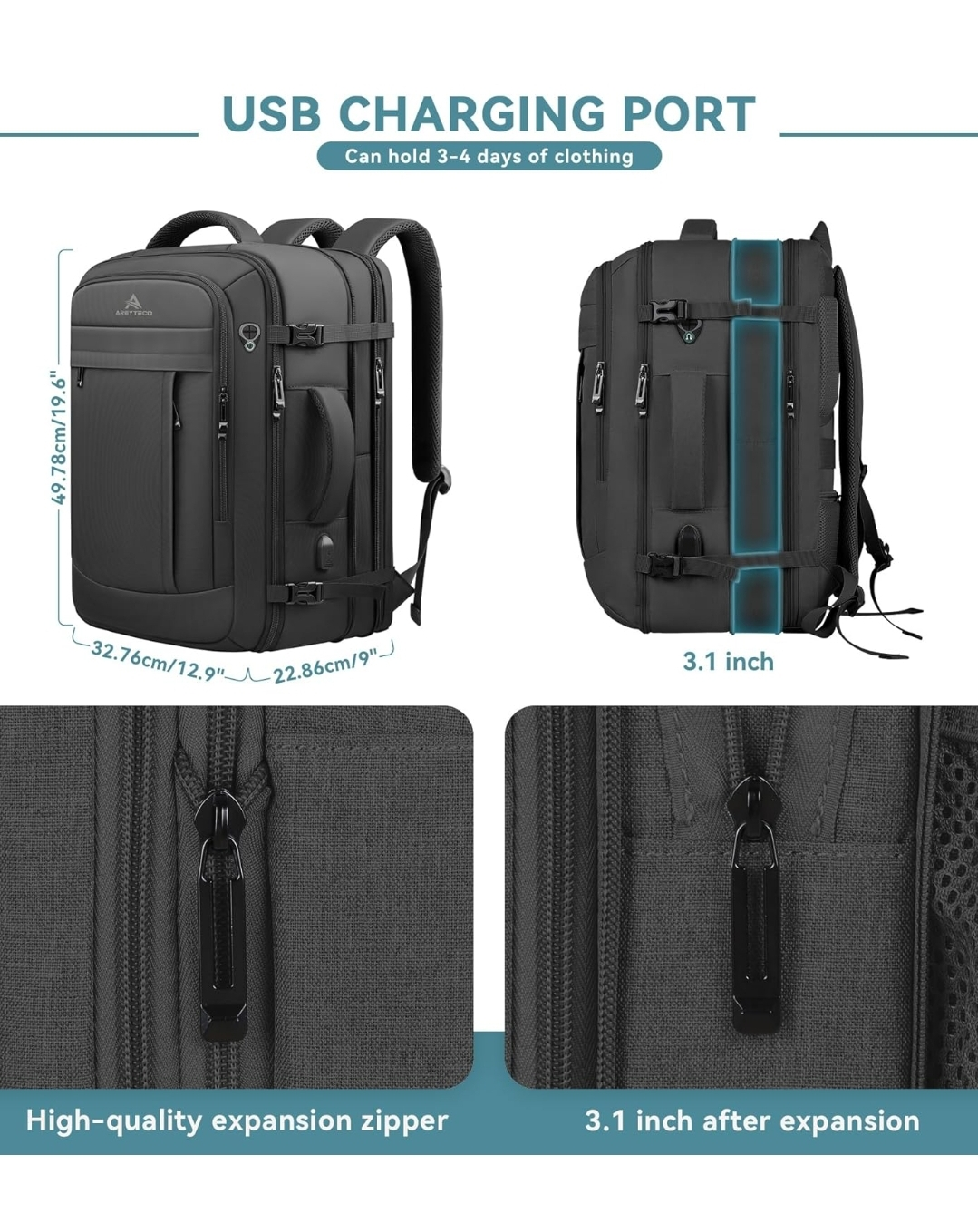 ARSYSTECO Carry On Travel Backpack - Black - photo 2