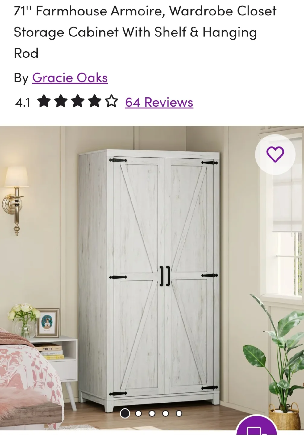 Gracie Oaks Farmhouse Armoire - Wardrobe Closet image indicator(2)