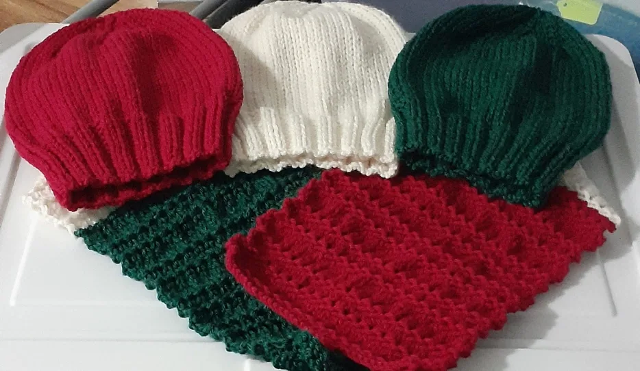 Handmade Knit Hats and Scarf - Red, White, Green thumbnail