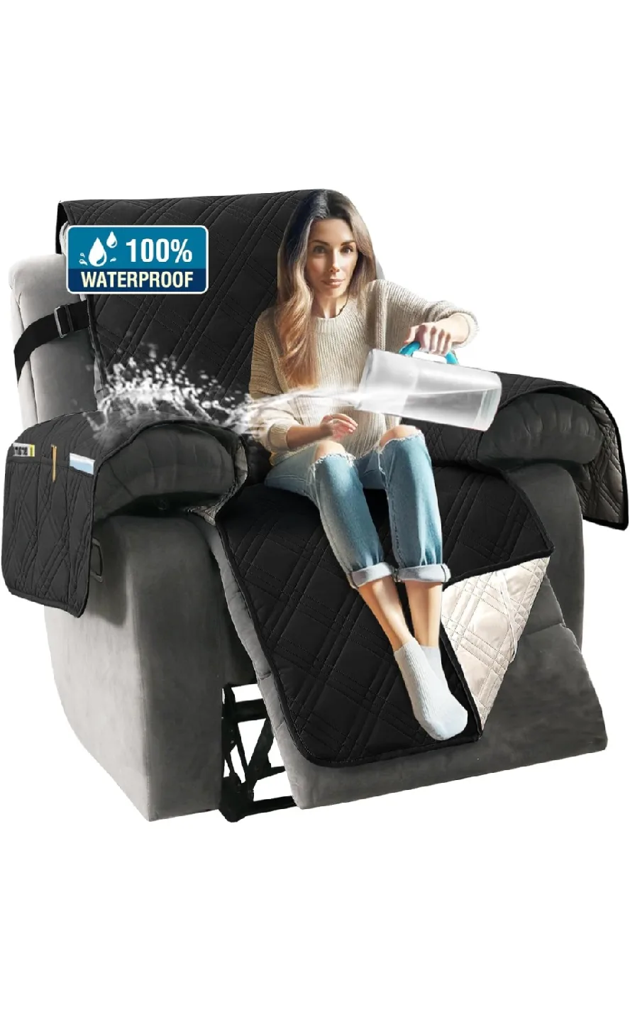 Black Recliner Cover with Pockets thumbnail