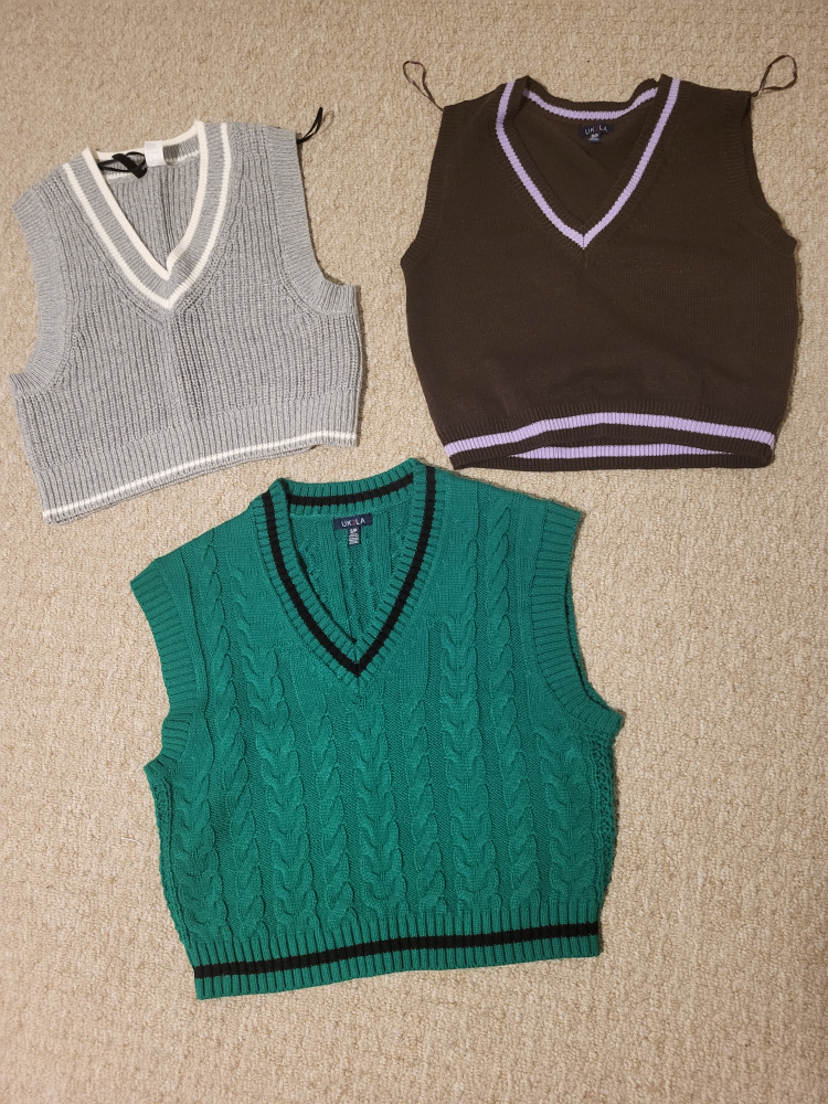Cropped Sweater Vests - Grey, Brown, Green
