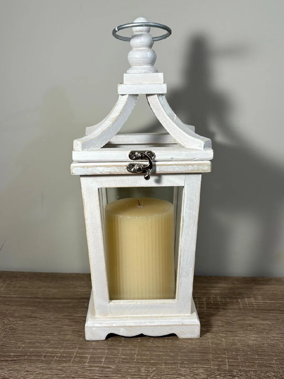 White Wooden Lantern with Candle