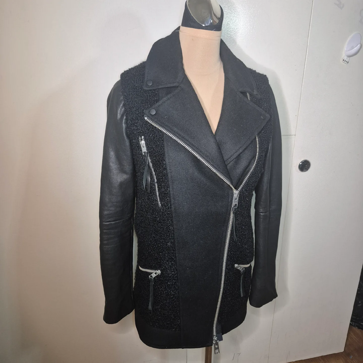 AllSaints Black Leather & Wool Blend Jacket - Size US 4 image indicator(2)